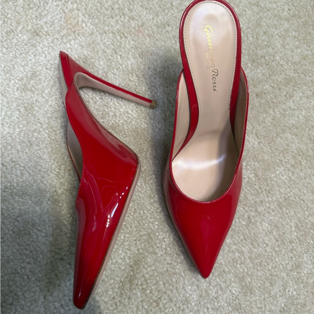 Gianvito Rossi Red Patent Pointed-Toe Stiletto Mules - Sleek Slip-On Heels